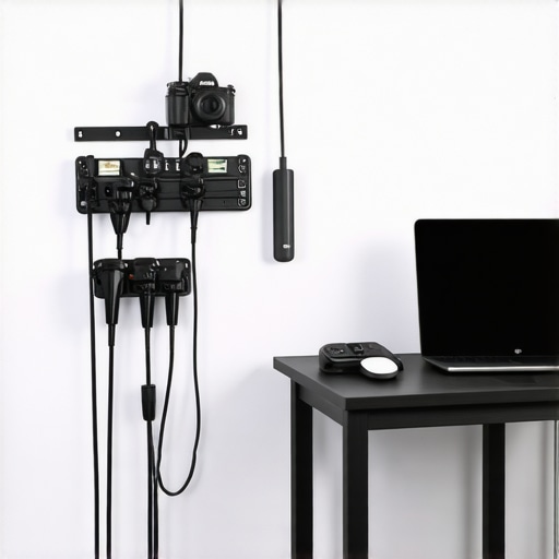 Organized professional studio with mounted cable management system