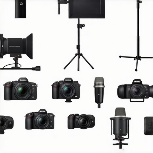 Side-by-side image of various studio gear including lighting, microphones, and rigs.