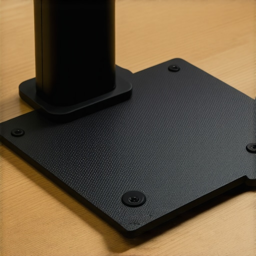 Close-up view of a steel monitor mount clamp attached to a desk, highlighting robust construction and secure grip.