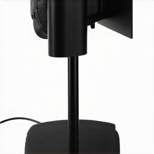 Sturdy steel weighted base supports studio gear Close-up of a black steel weighted base supporting a studio light