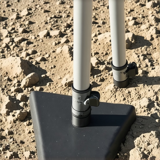A rubber wedge placed under a tripod's leg on uneven ground for stability.