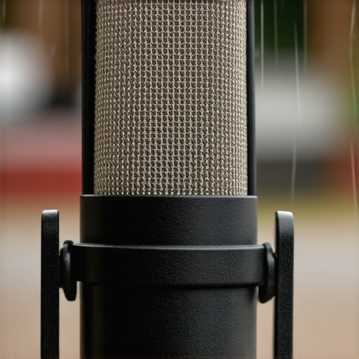 Microphone with windscreen in rain, highlighting durability.