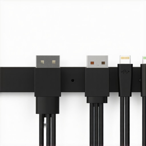 Close-up of a wall-mounted cable organizer with adjustable clips holding cables in a workspace