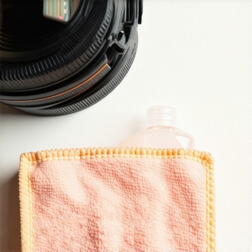 Close-up of microfiber cloth and cleaning solution in camera lens cleaning kit