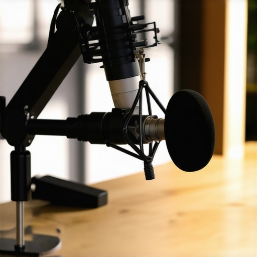 Close-up image of a ceramic support clamp gripping a microphone rig on a wooden desk.