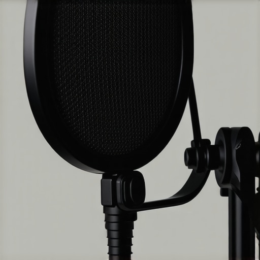 Close-up of a pop filter's fabric mesh, gooseneck, and clamp mechanism