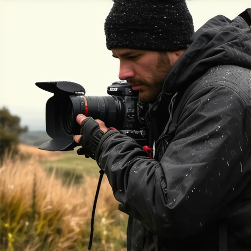 Durable Camera Gear in Challenging Conditions Photograph of rugged camera equipment in outdoor stormy environment.