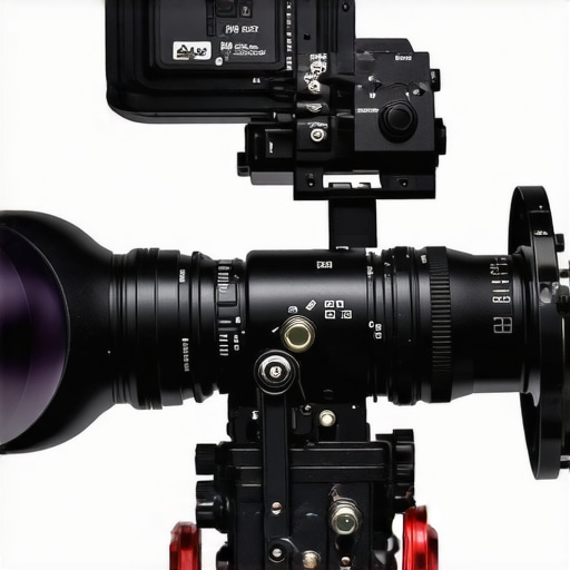 A sturdy camera rig with lighting and microphone set up outdoors in challenging weather