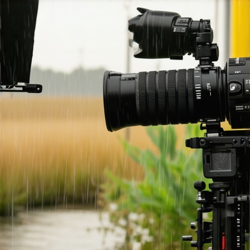 Outdoor scene with weather-resistant lighting and microphone gear amidst rain.