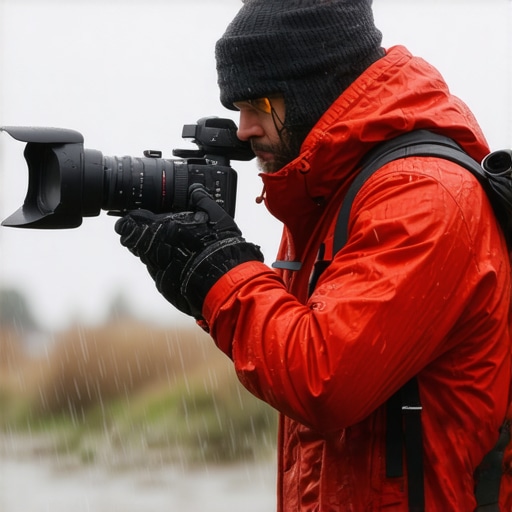 Videographer using weather-sealed camera and lighting equipment in rain