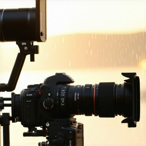 Professional camera, microphone, and lighting equipment set up outdoors in challenging weather conditions.