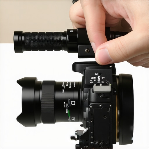 Person attaching aluminum handle to camera rig with 1/4-inch screw