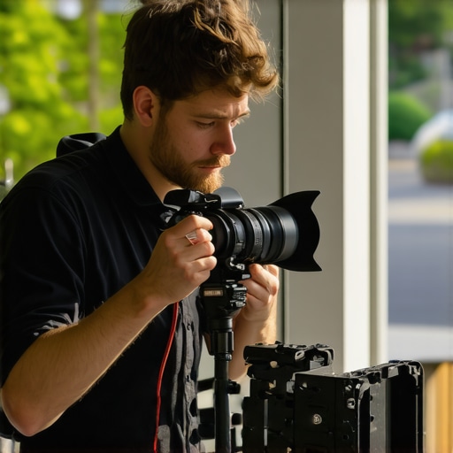 Photographer using camera and lighting equipment outdoors during a shoot.