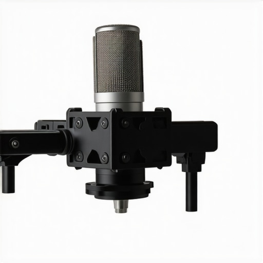 Detailed view of a dense steel counterweight mounted on a microphone boom arm, showing installation and material.