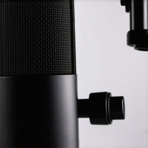 Close-up of a rugged external microphone highlighting material and connector design.