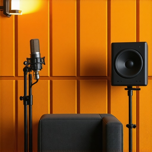 A professional home studio with foam panels and microphone placement for sound clarity.