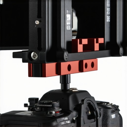 Close-up view of a plastic horizon correction tool with adjustable features on a camera rig.