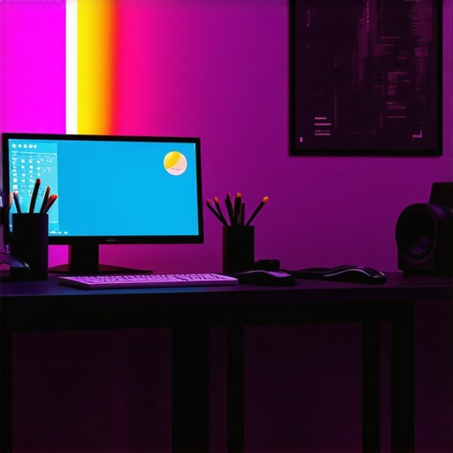 Colorful LED strip lighting setup inside a compact creator studio