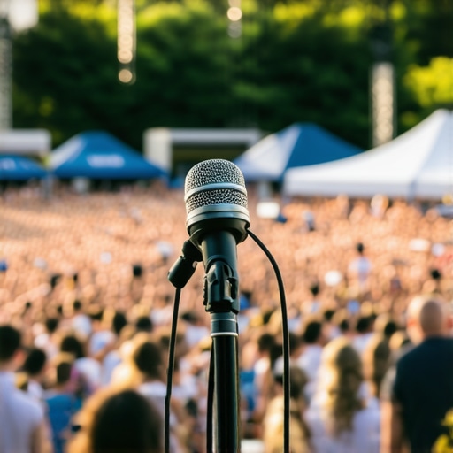 Professional microphones set up at an outdoor concert with audience in background.