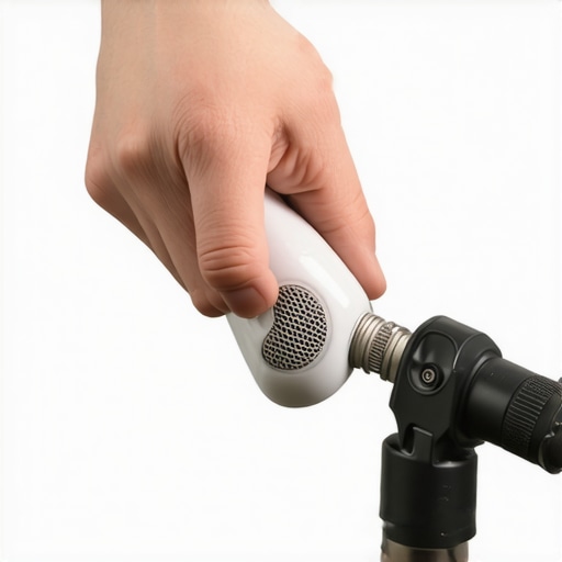 Hand applying silicone spray to microphone stand joint to reduce squeaking.