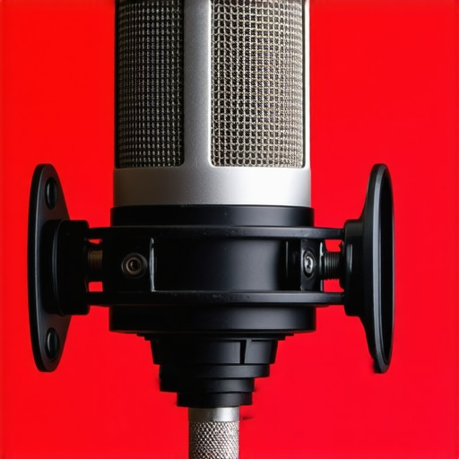Detailed view of microphone shock mount with metal frame and rubber dampers