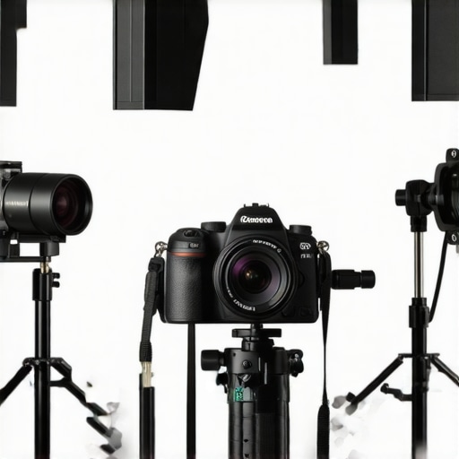 Studio setup featuring camera, microphone, and lighting gear in a creator's workspace