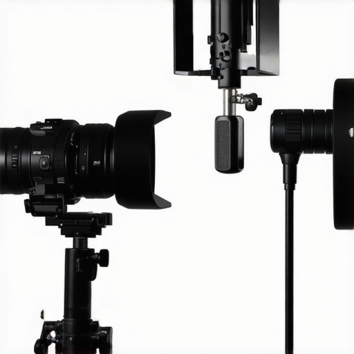 A professional studio setup featuring lighting, camera, and microphone gear