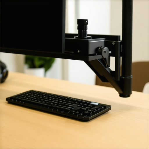 Steel monitor mount with adjustable arm and cable clips in a workspace.