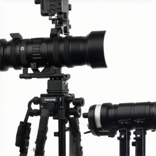 Outdoor filming equipment set up in rain with weather-resistant microphones and lights under harsh conditions.