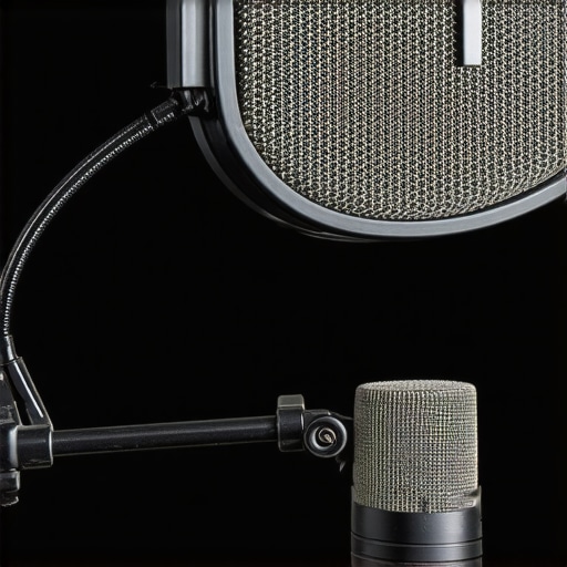 Pop filter flexing on a mic stand demonstrating adjustability Close-up of a fabric mesh pop filter attached to a microphone stand