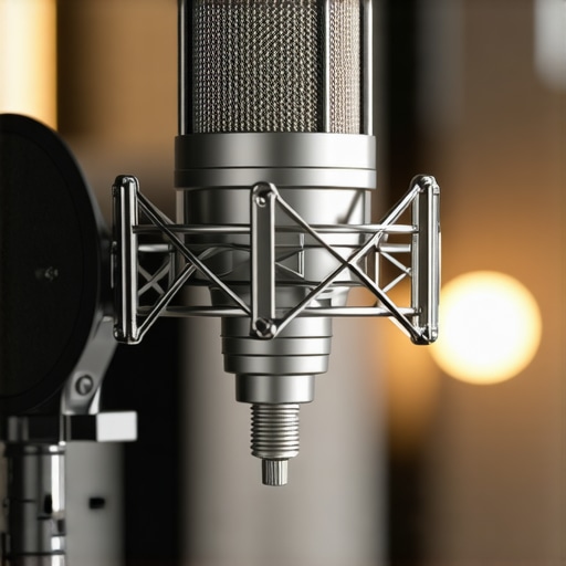 Close-up of a high-quality microphone with shock mount and adjustable stand