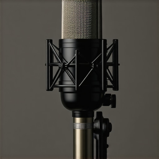 Premium Microphone Build A durable, matte black microphone with metal grille and adjustable stand in studio