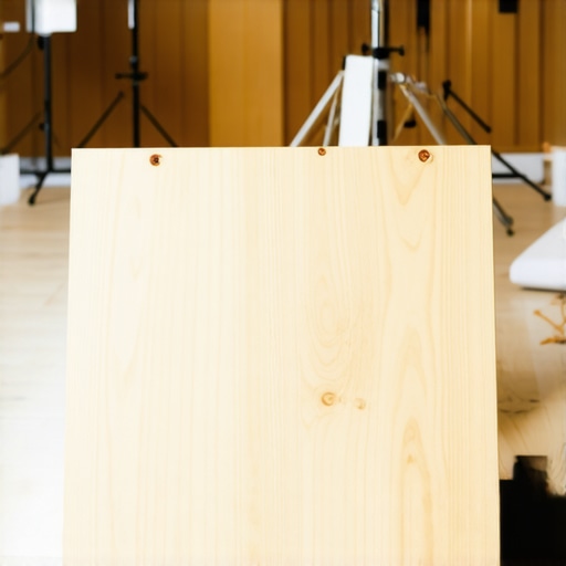Close-up of a ¾-inch thick plywood board supporting heavy studio gear on a clean wooden floor.