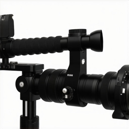 Close-up image of ergonomic camera support system with adjustable handles and lightweight build.