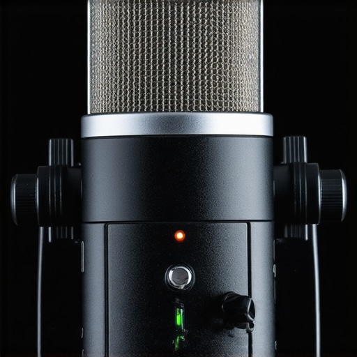 Close-up of a high-quality external microphone showing gain control knob and indicator lights.