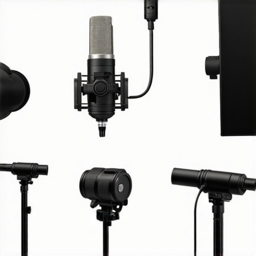 An image showcasing a professional creator studio with microphone, lighting kits, and camera rigs