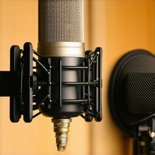 Close-up of a microphone with shock mount and foam windshield