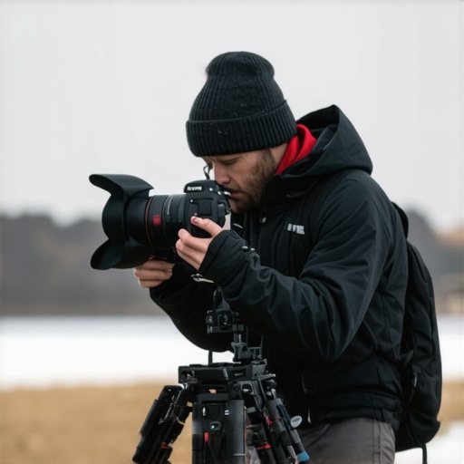 Photographer using robust camera rig during outdoor shoot in adverse weather