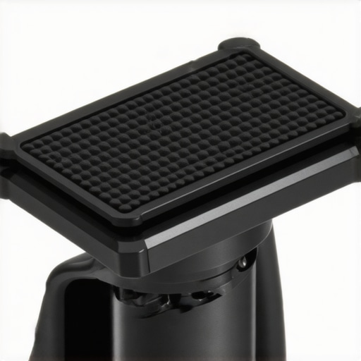 Close-up view of a rubber friction pad attached to a camera tripod plate, highlighting textured surface for grip.