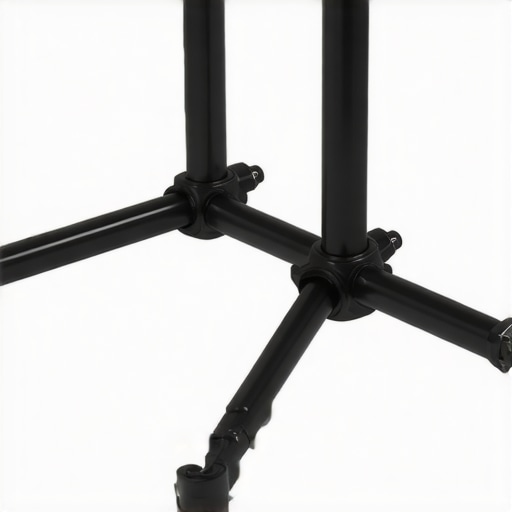 Steel C-Stand Details Close-up of a steel C-stand locking mechanism and support arm