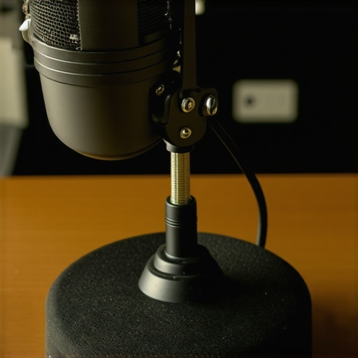 Steel Weighted Microphone Base A sturdy steel microphone base with rubber padding on a desk