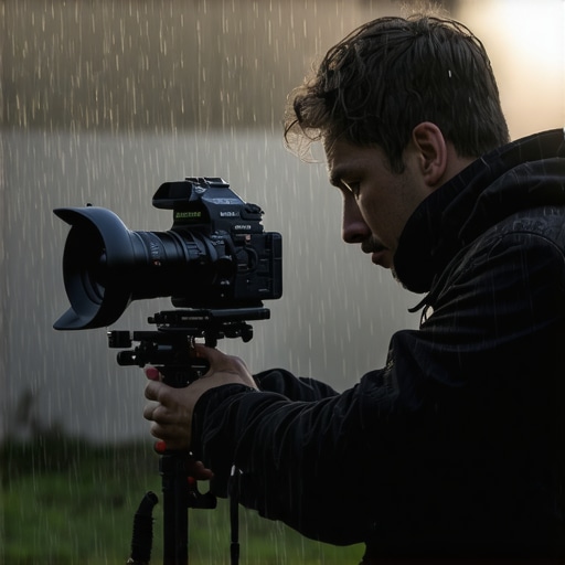 Filmmaker testing weather-resistant lighting and audio gear outdoors in rain