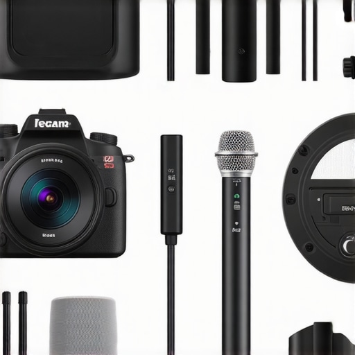Camera, microphone, and lighting gear outdoors under environmental stress