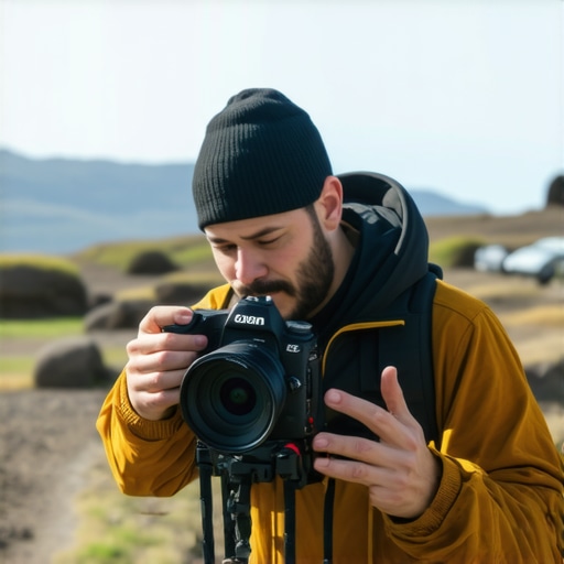 Content creator testing camera and microphone gear in outdoor rugged environment