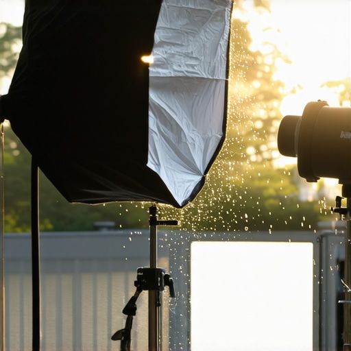 Studio Equipment in Challenging Conditions Studio gear operating outdoors during rain and sunlight.