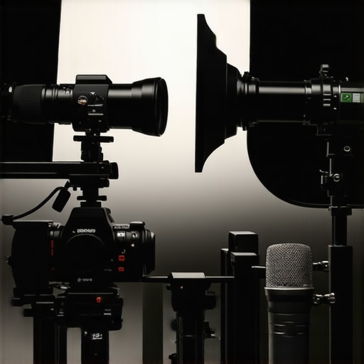 Professional studio equipment including camera rigs, lighting, and microphones