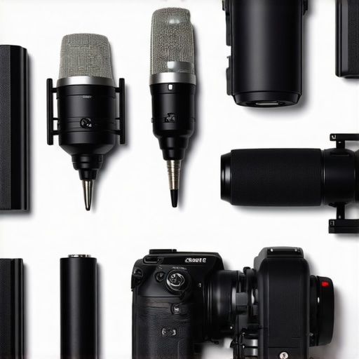 Devices of studio microphone, lighting, and camera set up side by side