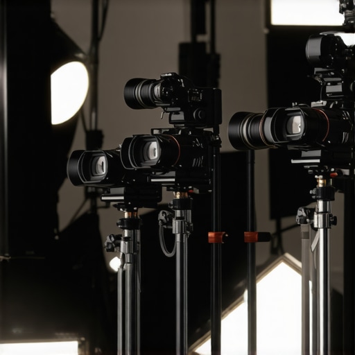 Professional studio equipment including cameras, lights, and microphones set up for performance testing.