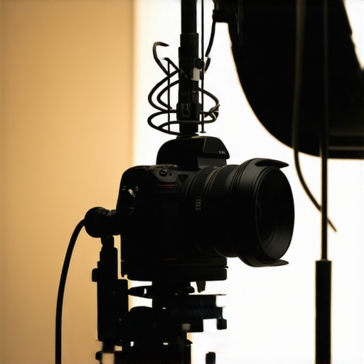 Studio equipment including camera, microphone, and lighting in a professional setting