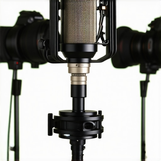 Studio Gear Resilience Test Microphone on shock mount amidst studio equipment in stressful environment.